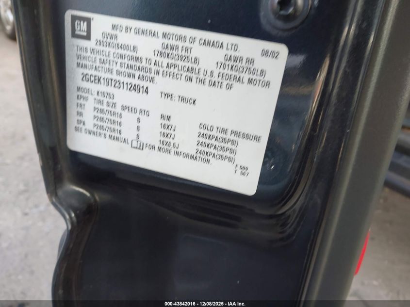 2003 Chevrolet Silverado 1500 Lt VIN: 2GCEK19T231124914 Lot: 43842016