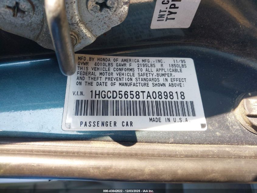 1996 Honda Accord Ex/Ex-R VIN: 1HGCD5658TA089818 Lot: 43842022