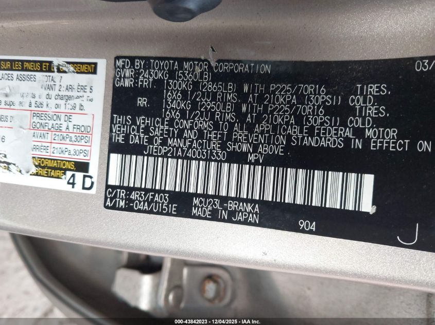 2004 Toyota Highlander V6 VIN: JTEDP21A740031330 Lot: 43842023
