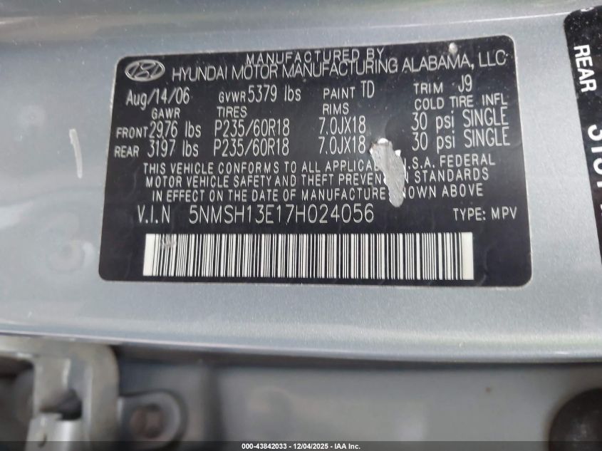 2007 Hyundai Santa Fe Limited/Se VIN: 5NMSH13E17H024056 Lot: 43842033