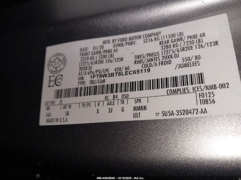 2020 Ford F-350 Lariat VIN: 1FT8W3BT8LEC65119 Lot: 43842045