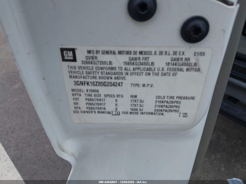 2005 Chevrolet Suburban 1500 Z71 VIN: 3GNFK16Z85G204247 Lot: 43842047
