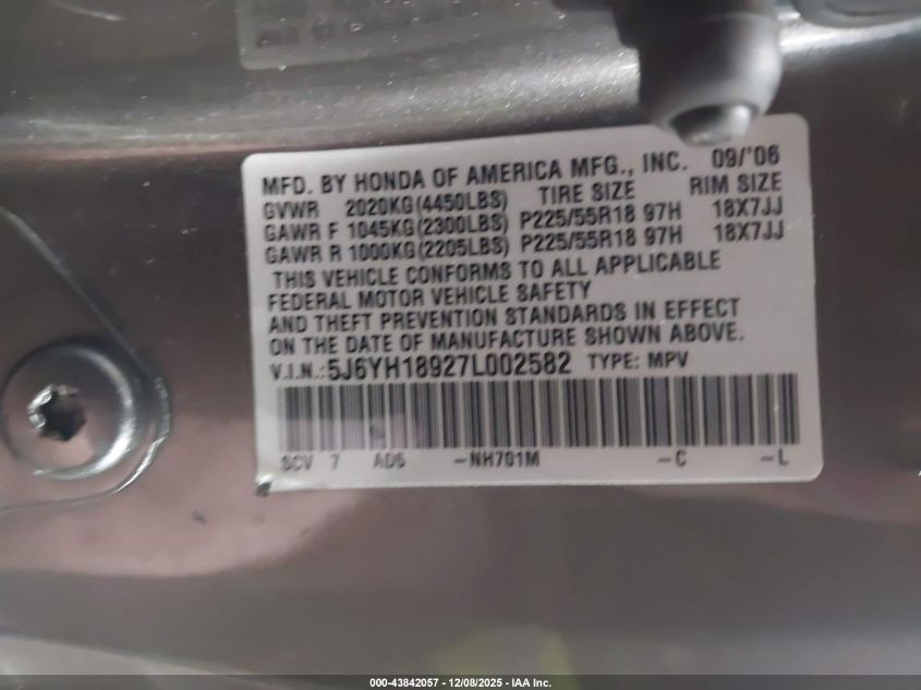 2007 Honda Element Sc VIN: 5J6YH18927L002582 Lot: 43842057