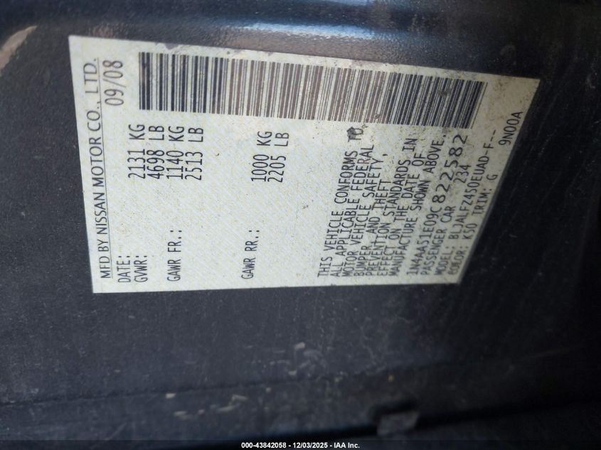 2009 Nissan Maxima 3.5 Sv VIN: 1N4AA51E09C822582 Lot: 43842058