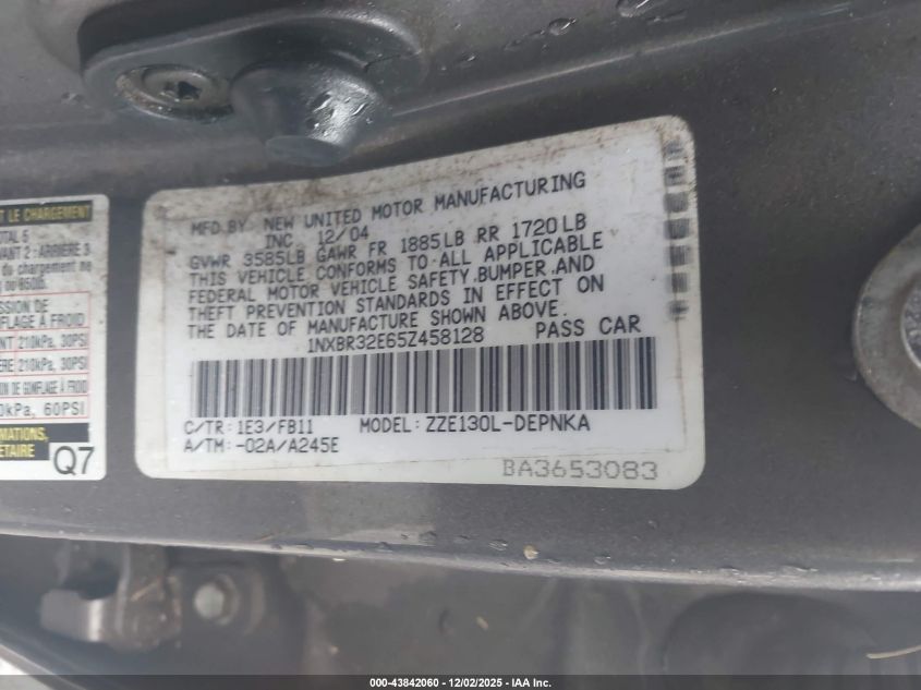 2005 Toyota Corolla Le VIN: 1NXBR32E65Z458128 Lot: 43842060