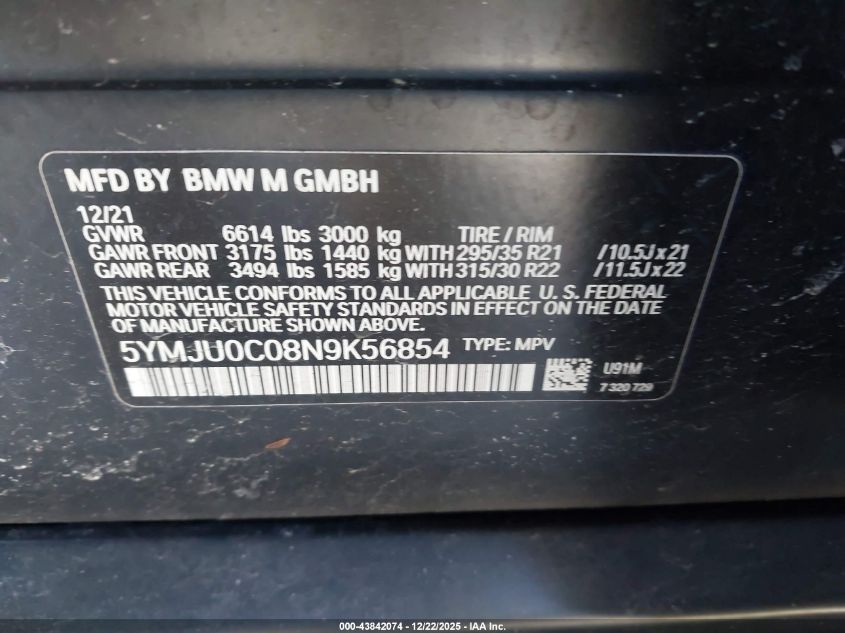 2022 BMW X5 M VIN: 5YMJU0C08N9K56854 Lot: 43842074