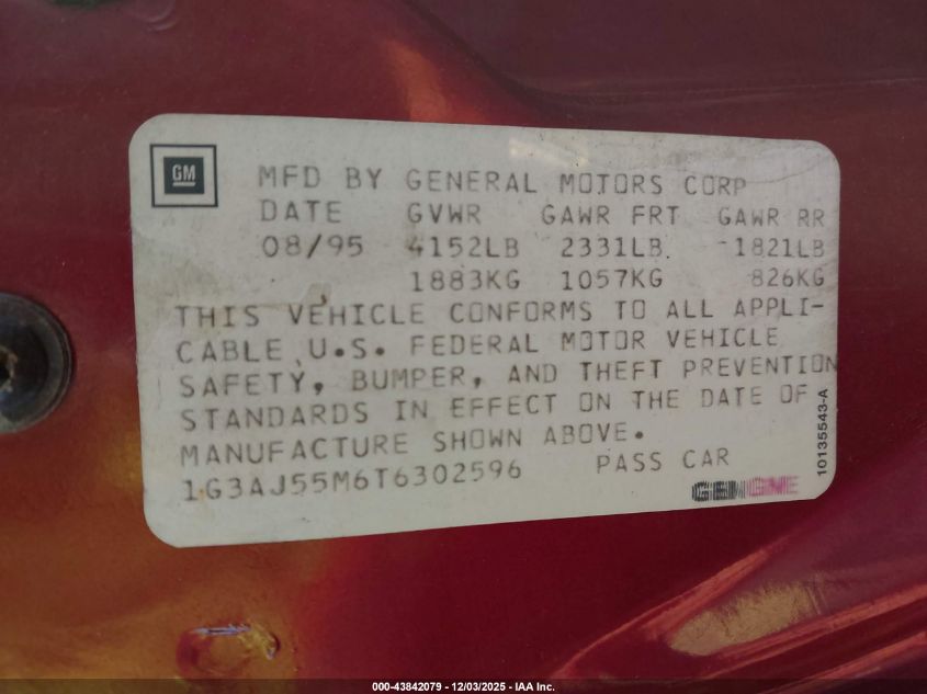 1996 Oldsmobile Ciera Sl VIN: 1G3AJ55M6T6302596 Lot: 43842079