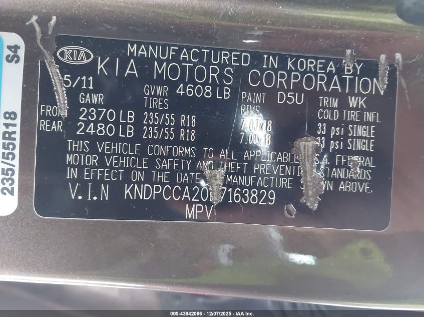 2011 Kia Sportage Ex VIN: KNDPCCA20B7163829 Lot: 43842086