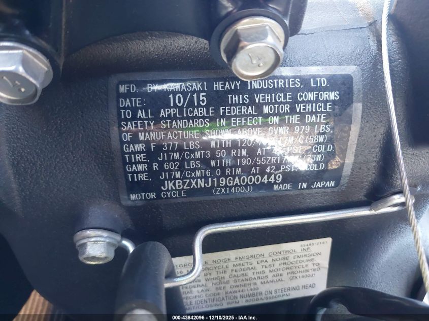 2016 Kawasaki Zx1400 J VIN: JKBZXNJ19GA000449 Lot: 43842096