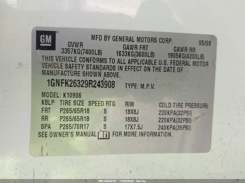 2009 Chevrolet Suburban 1500 Lt2 VIN: 1GNFK26329R243908 Lot: 43842107