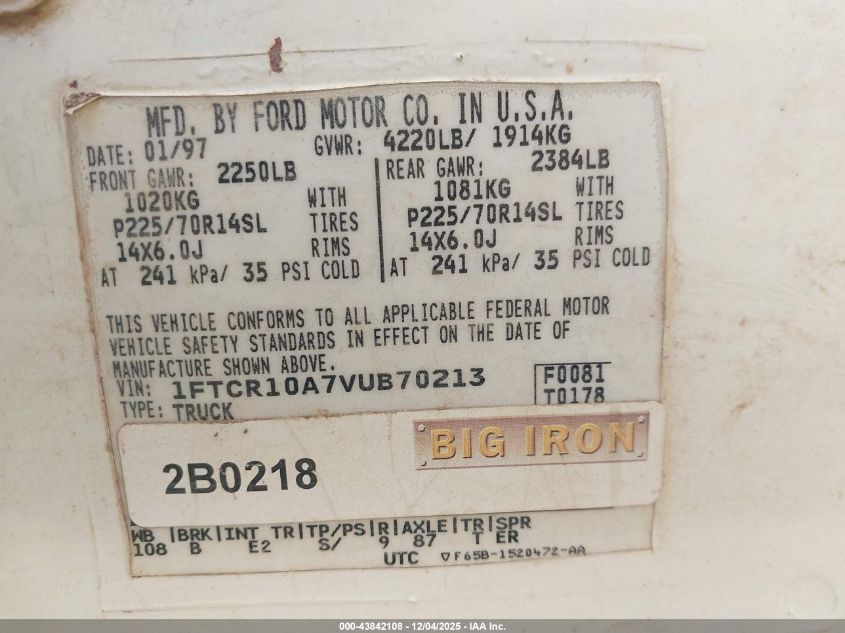 1997 Ford Ranger Splash/Xl/Xlt VIN: 1FTCR10A7VUB70213 Lot: 43842108