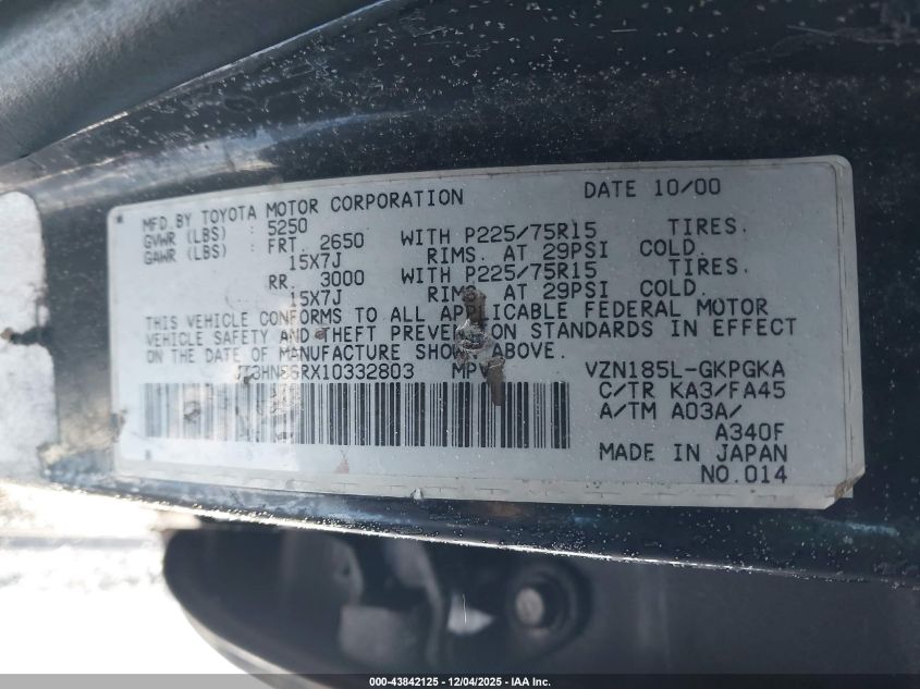 2001 Toyota 4Runner Sr5 V6 VIN: JT3HN86RX10332803 Lot: 43842125