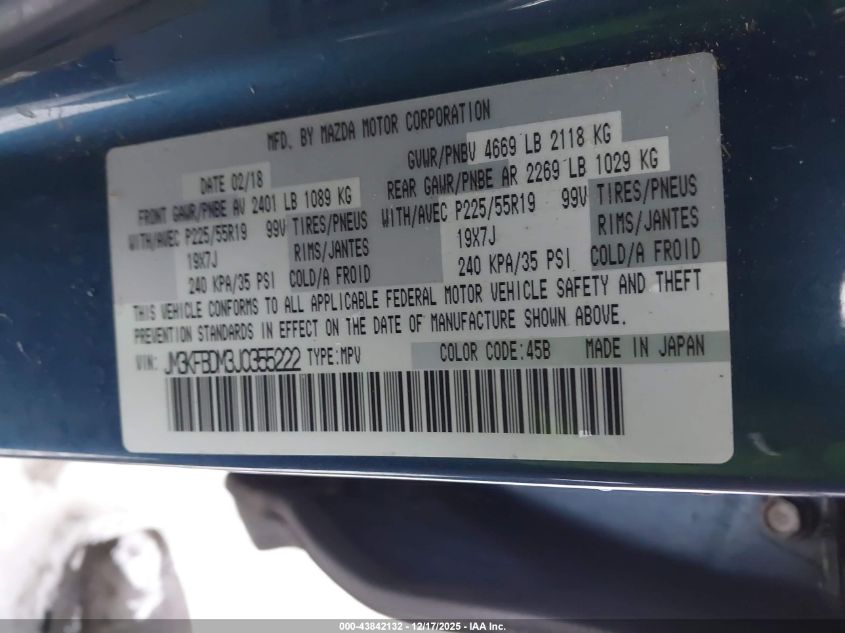 2018 Mazda Cx-5 Grand Touring VIN: JM3KFBDM3J0355222 Lot: 43842132