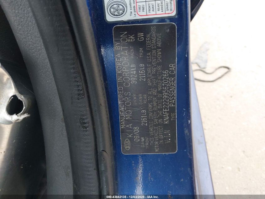 2009 Kia Spectra Ex VIN: KNAFE222995620266 Lot: 43842135