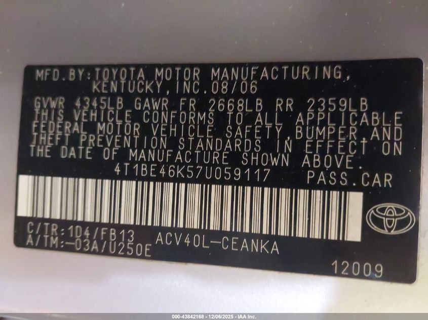2007 Toyota Camry Le VIN: 4T1BE46K57U059117 Lot: 43842168
