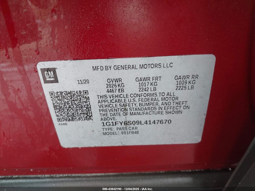 2020 Chevrolet Bolt Ev Fwd Lt VIN: 1G1FY6S09L4147670 Lot: 43842190