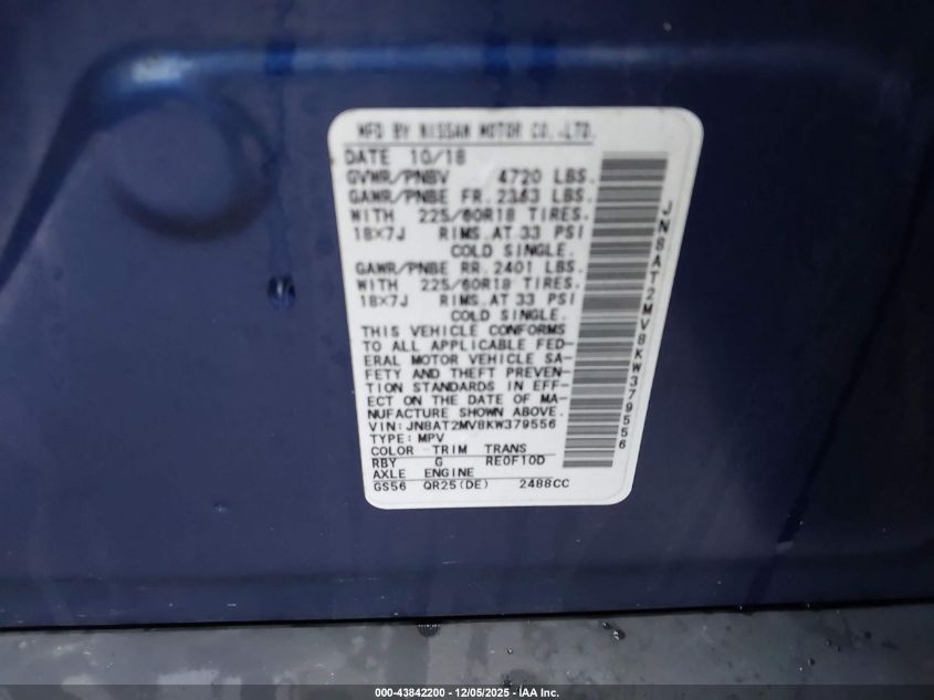 2019 Nissan Rogue Sv VIN: JN8AT2MV8KW379556 Lot: 43842200