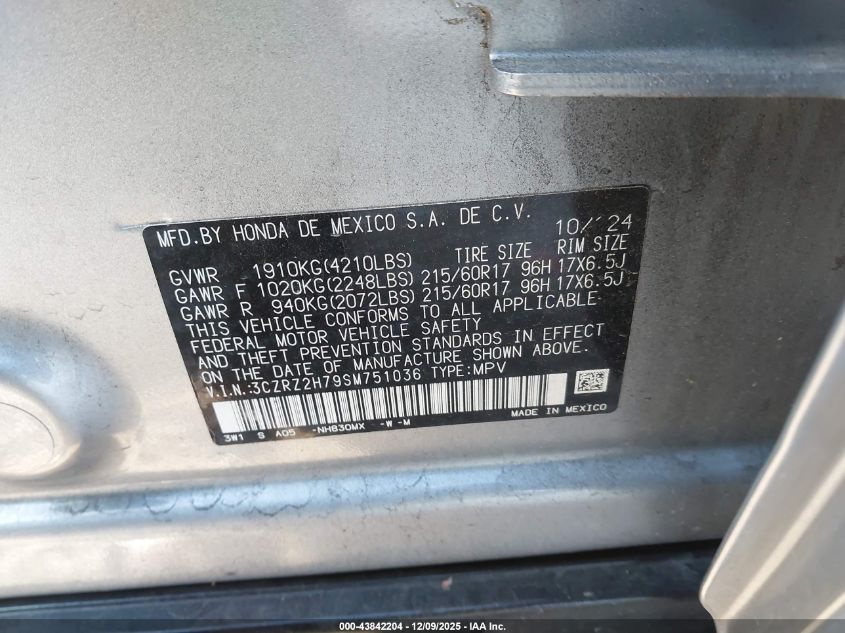 2025 Honda Hr-V Awd Ex-L VIN: 3CZRZ2H79SM751036 Lot: 43842204