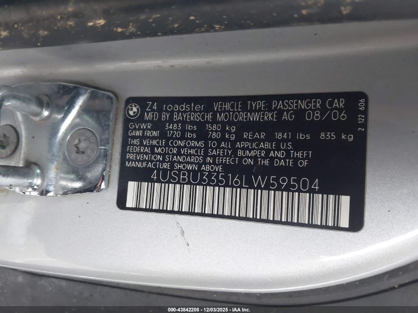 2006 BMW Z4 3.0I VIN: 4USBU33516LW59504 Lot: 43842208