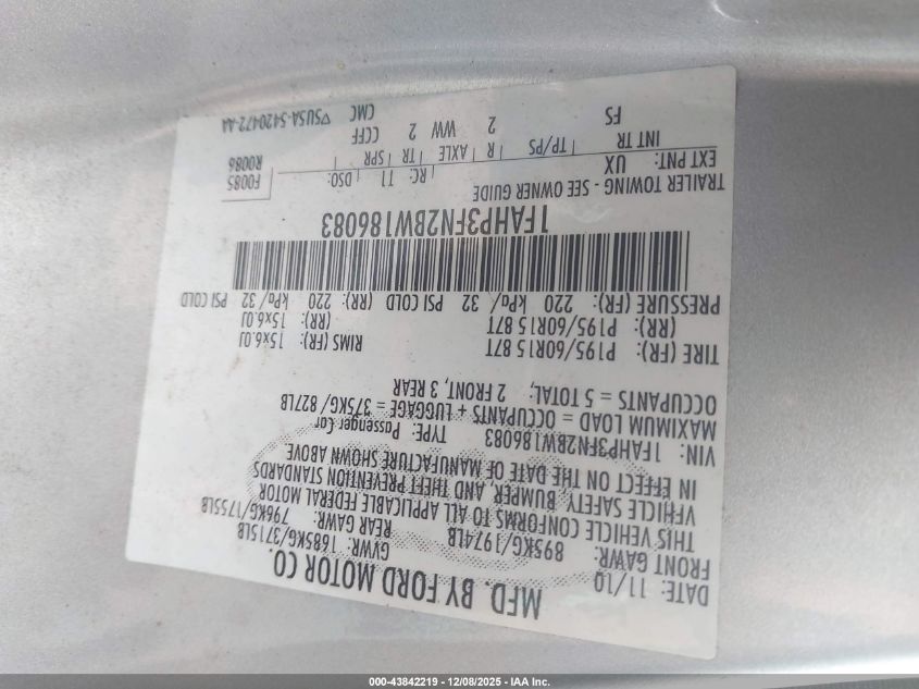 2011 Ford Focus Se VIN: 1FAHP3FN2BW186083 Lot: 43842219