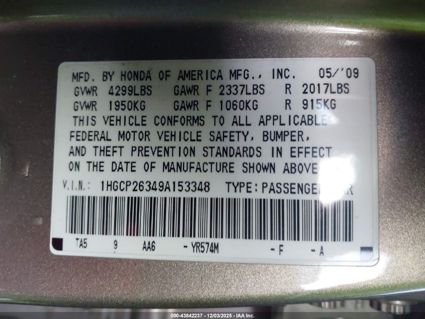 2009 Honda Accord 2.4 Lx VIN: 1HGCP26349A153348 Lot: 43842237