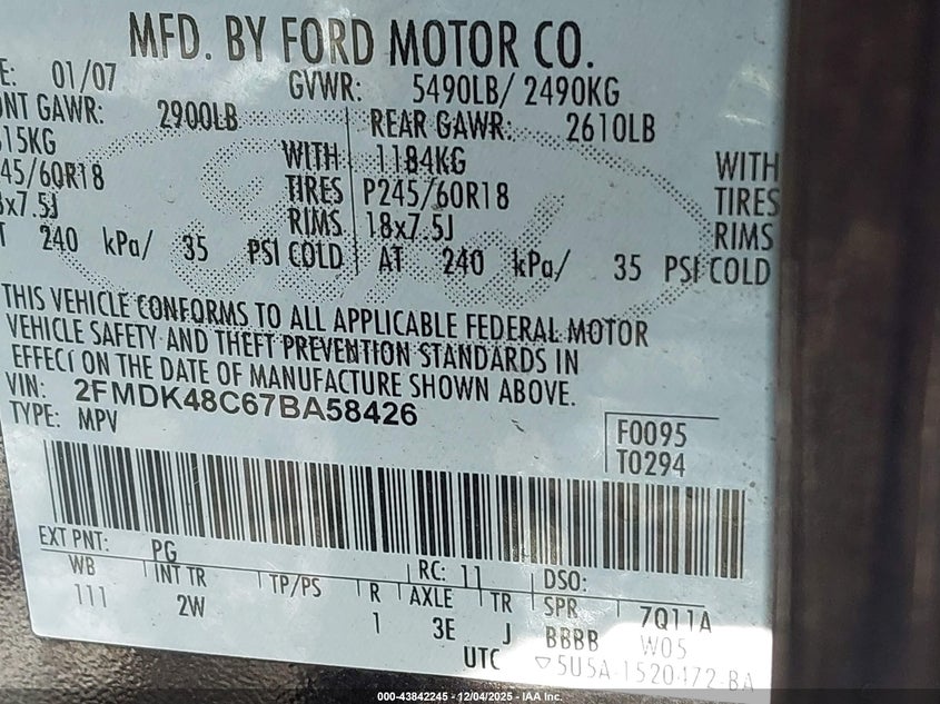 2FMDK48C67BA58426 2007 FORD EDGE photo no. 9