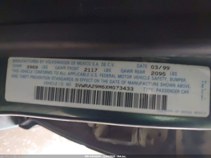1999 Volkswagen Jetta Gl VIN: 3VWRA29M6XM073433 Lot: 43842249