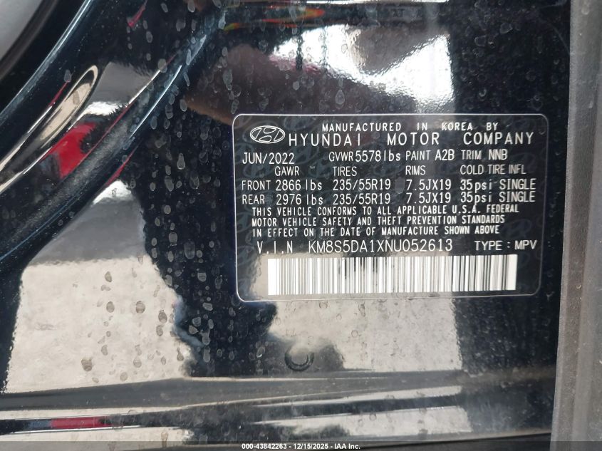 2022 Hyundai Santa Fe Hybrid Limited VIN: KM8S5DA1XNU052613 Lot: 43842263