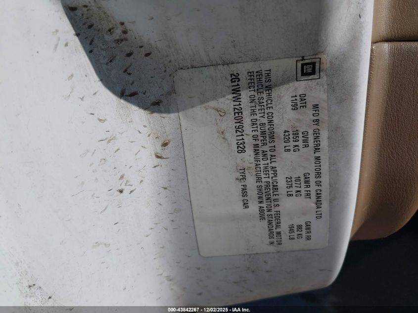 2000 Chevrolet Monte Carlo Ls VIN: 2G1WW12E0Y9211328 Lot: 43842267