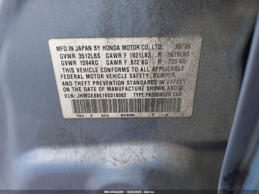 2009 Honda Fit Sport VIN: JHMGE88619S018062 Lot: 43842269