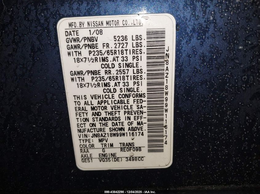 2009 Nissan Murano S VIN: JN8AZ18W99W116174 Lot: 43842298