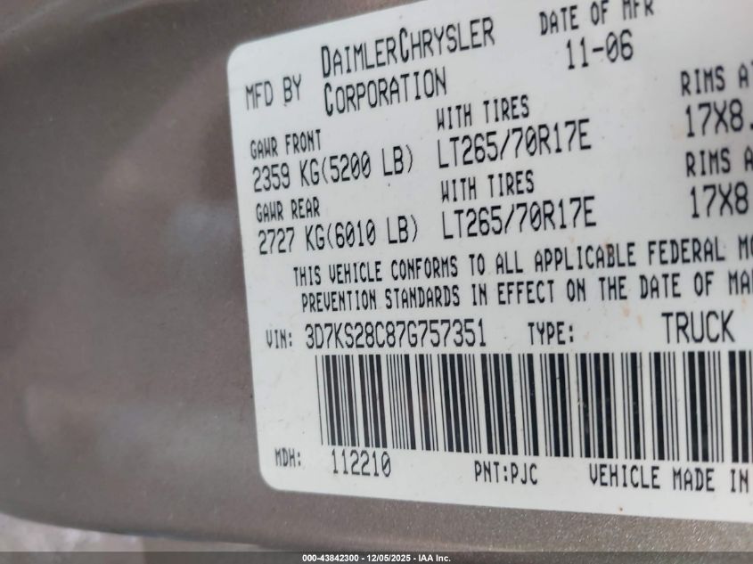 2007 Dodge Ram 2500 Slt/Trx4 Off Road/Sport/Power Wagon VIN: 3D7KS28C87G757351 Lot: 43842300