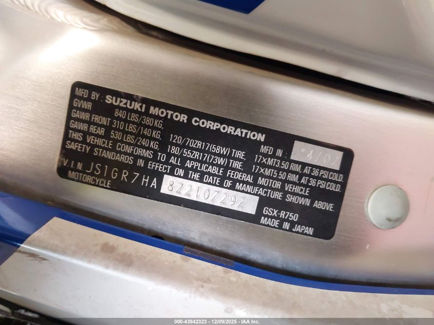 2002 Suzuki Gsx-R750 VIN: JS1GR7HA822107292 Lot: 43842323