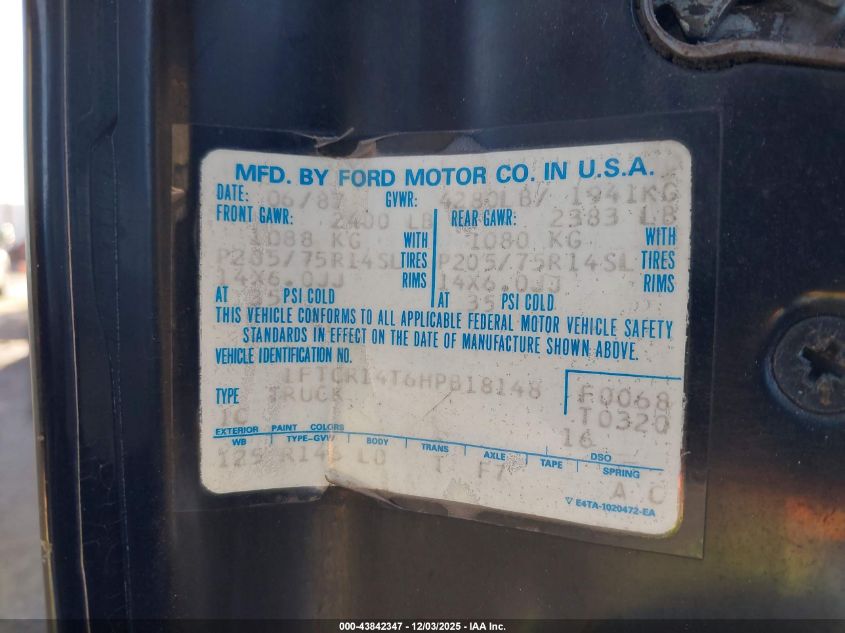 1987 Ford Ranger Super Cab VIN: 1FTCR14T6HPB18148 Lot: 43842347