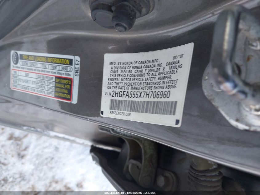 2007 Honda Civic Si VIN: 2HGFA555X7H706960 Lot: 43842348
