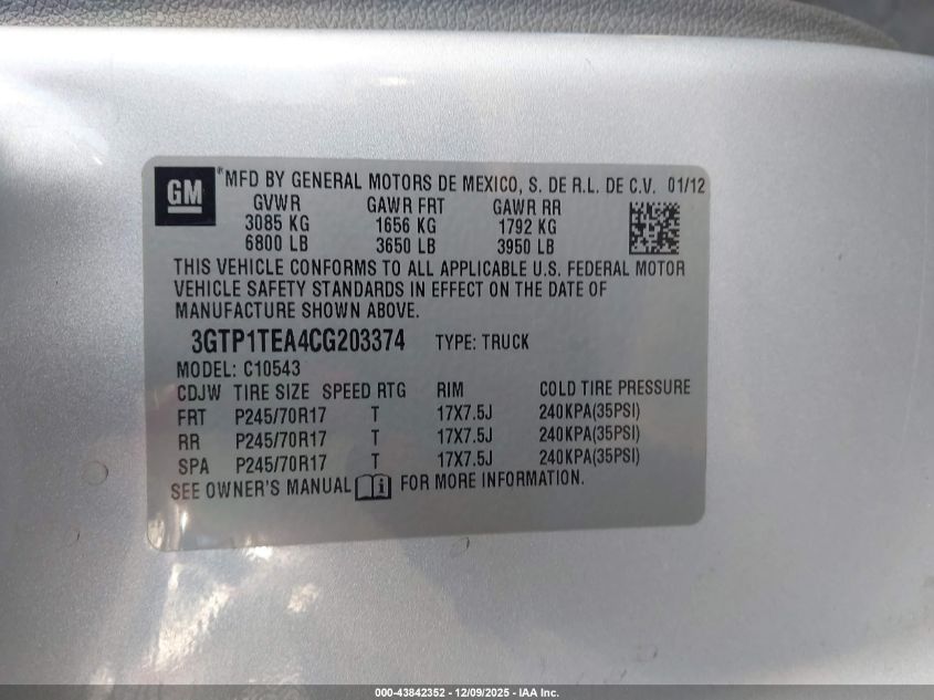 2012 GMC Sierra C1500 VIN: 3GTP1TEA4CG203374 Lot: 43842352
