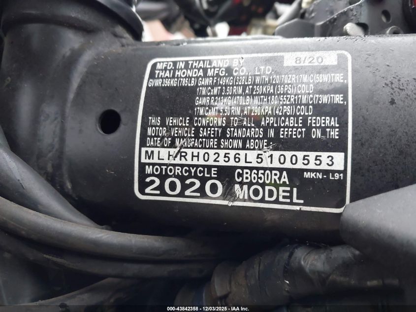 2020 Honda Cb650 Ra VIN: MLHRH0256L5100553 Lot: 43842358