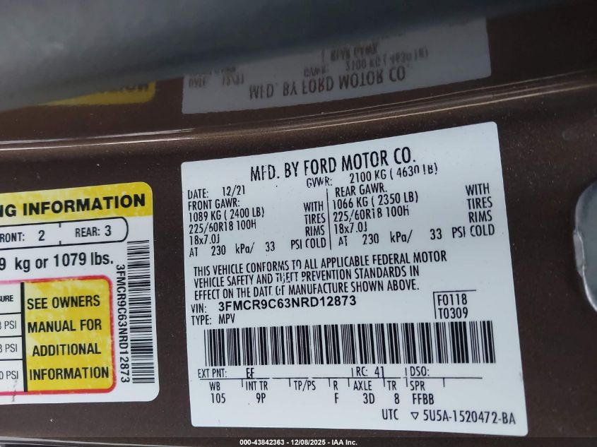 2022 Ford Bronco Sport Outer Banks VIN: 3FMCR9C63NRD12873 Lot: 43842363