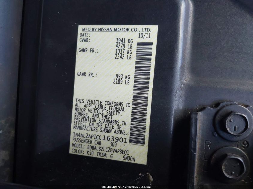 2012 Nissan Altima 2.5 S VIN: 1N4AL2AP1CC163901 Lot: 43842372