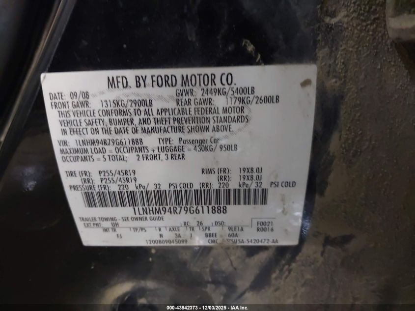 2009 Lincoln Mks VIN: 1LNHM94R79G611888 Lot: 43842373