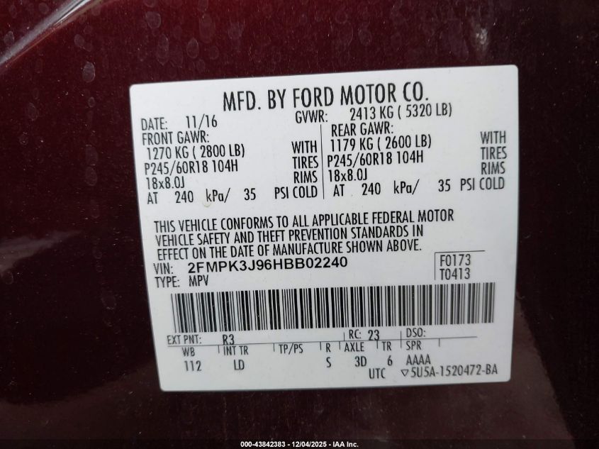 2017 Ford Edge Sel VIN: 2FMPK3J96HBB02240 Lot: 43842383