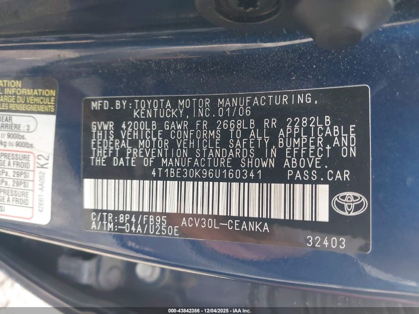 2006 Toyota Camry Le VIN: 4T1BE30K96U160341 Lot: 43842386