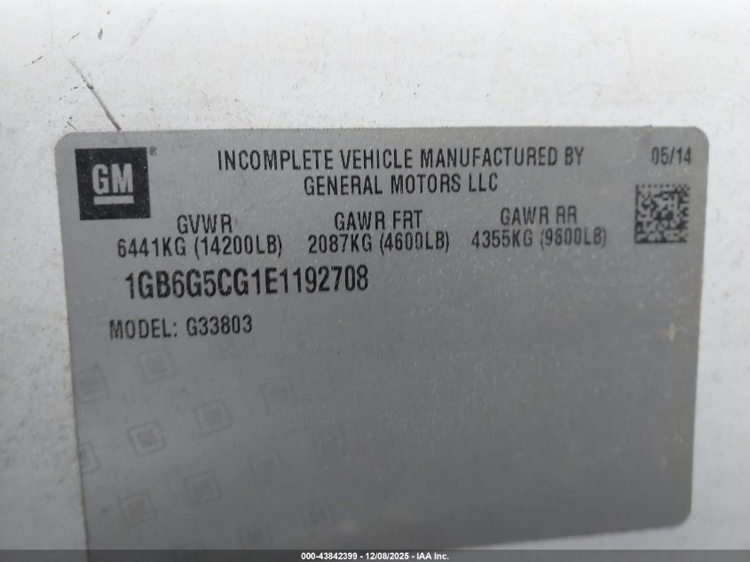 2014 Chevrolet Express Cutaway 4500 VIN: 1GB6G5CG1E1192708 Lot: 43842399