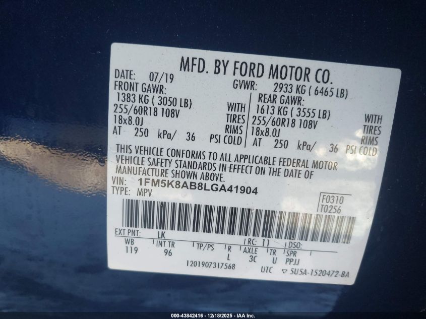 2020 Ford Police Interceptor Utility VIN: 1FM5K8AB8LGA41904 Lot: 43842416