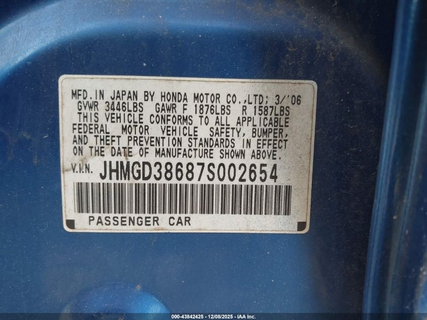 2007 Honda Fit Sport VIN: JHMGD38687S002654 Lot: 43842425