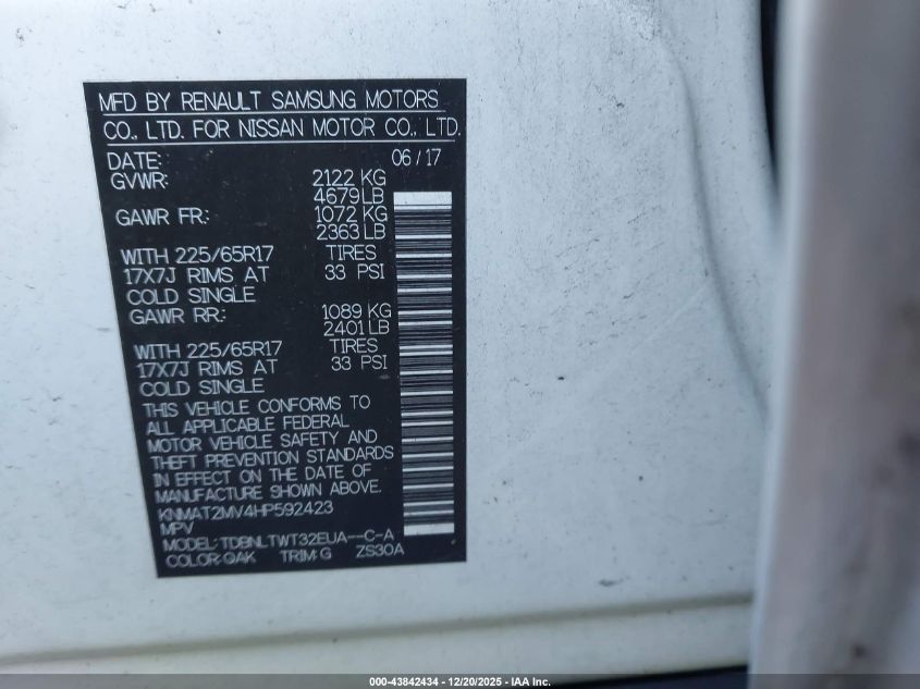 2017 Nissan Rogue Sv VIN: KNMAT2MV4HP59242 Lot: 43842434