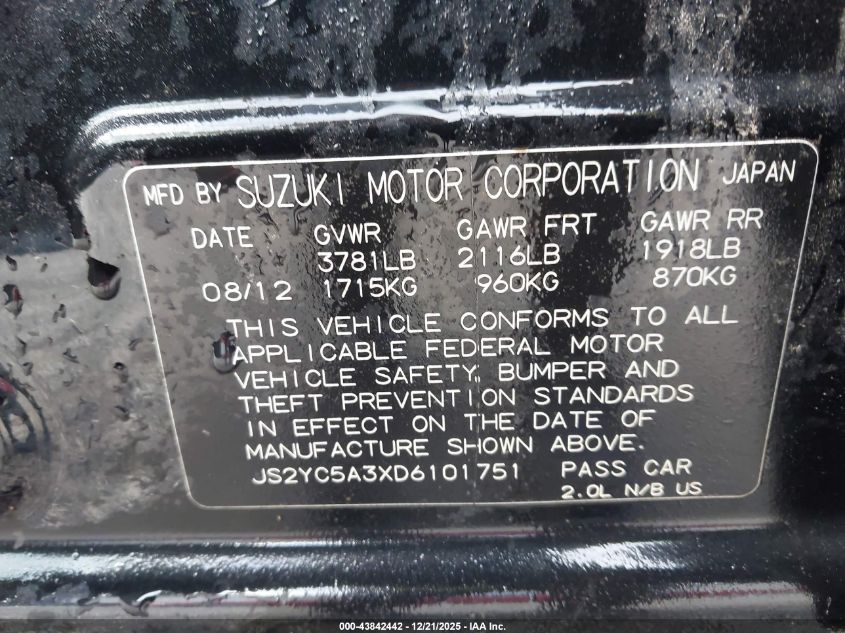 2013 Suzuki Sx4 Le/Le Popular VIN: JS2YC5A3XD6101751 Lot: 43842442