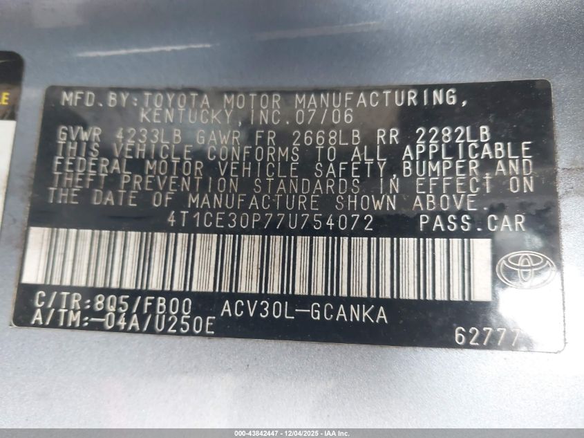 2007 Toyota Camry Solara Se VIN: 4T1CE30P77U754072 Lot: 43842447