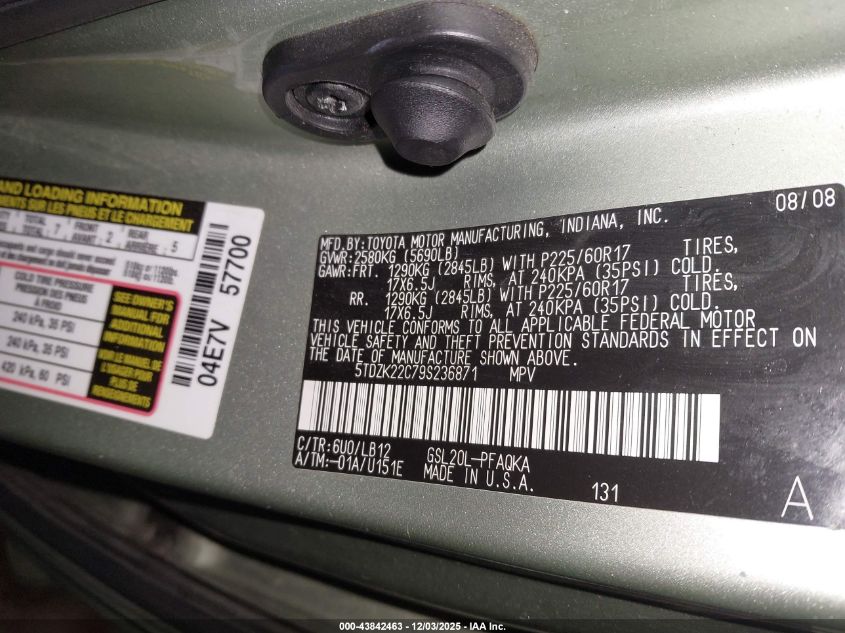 2009 Toyota Sienna Xle VIN: 5TDZK22C79S236871 Lot: 43842463