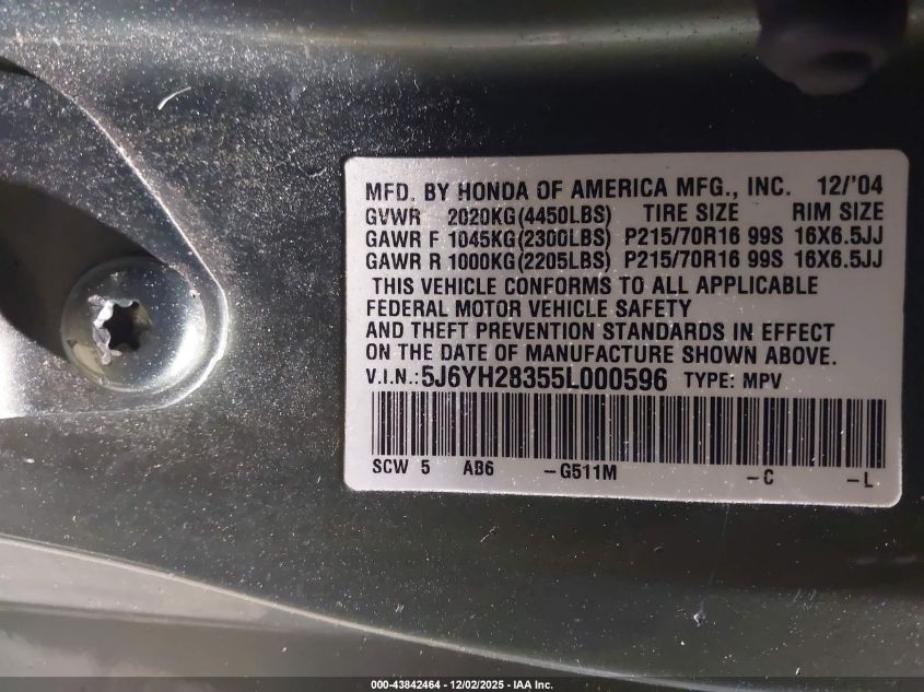 2005 Honda Element Lx VIN: 5J6YH28355L000596 Lot: 43842464